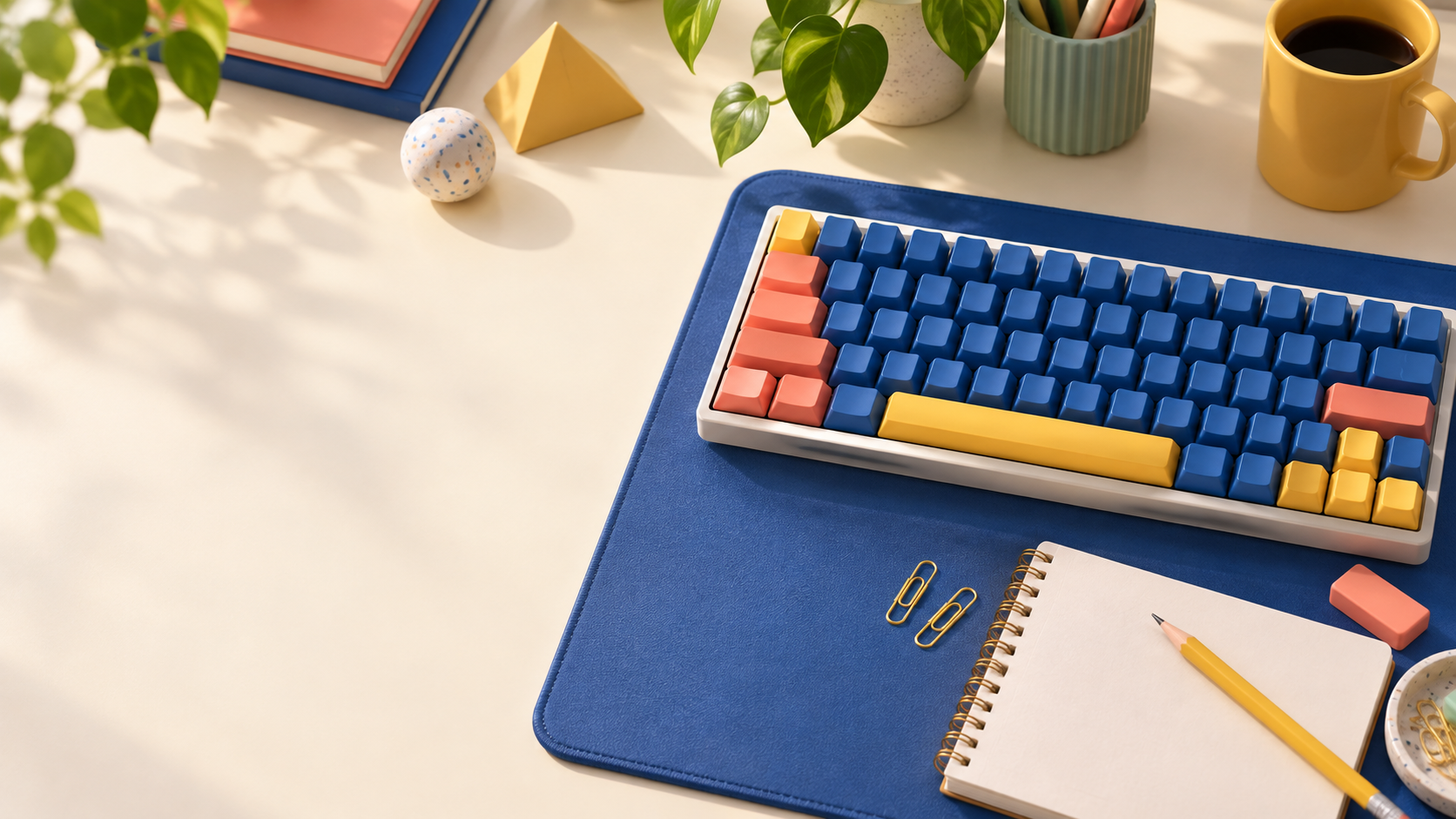 カラフルなキーボードと文具が置かれた練習机